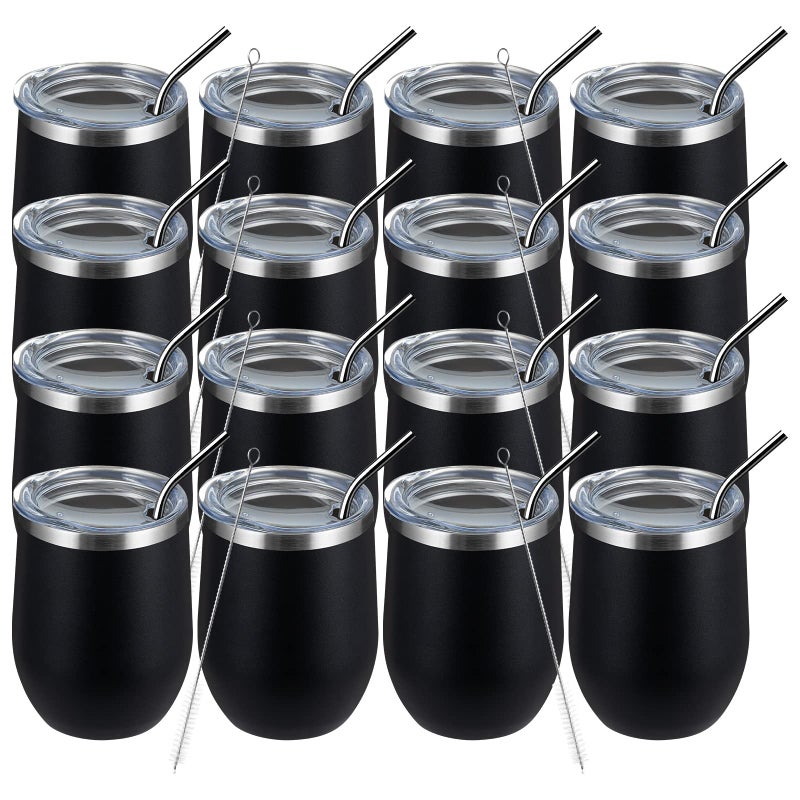 MEWAY 12oz Wine Tumbler 16 Pack Bulk Gifts for Women,Double Wall Vacuum Stainless Steel Travel Mug with Lid,Insulated Stemless Wine Cup Glass for Coffee,Cocktails,Drinks(Black,Set of 16) - Image 1